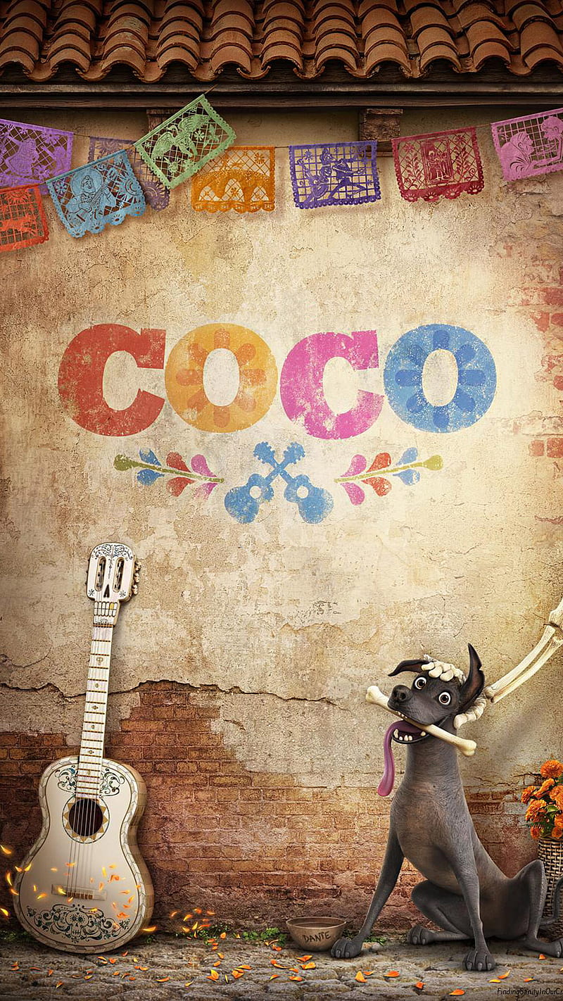 Coco, animation, dog, guitar, movie, wall, HD phone wallpaper