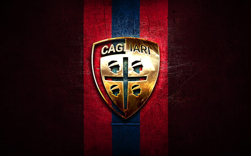 Cagliari FC, golden logo, Serie A, purple metal background, football, Cagliari Calcio, italian football club, Cagliari logo, soccer, Italy, HD wallpaper