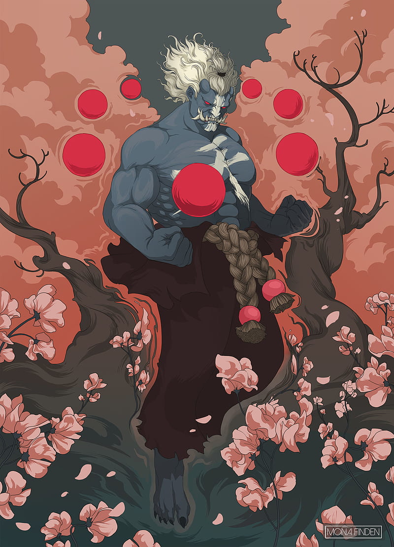 Demon Akuma, ball, fighter, man, petals, sheets, tattoo, tree, white hair, HD phone wallpaper