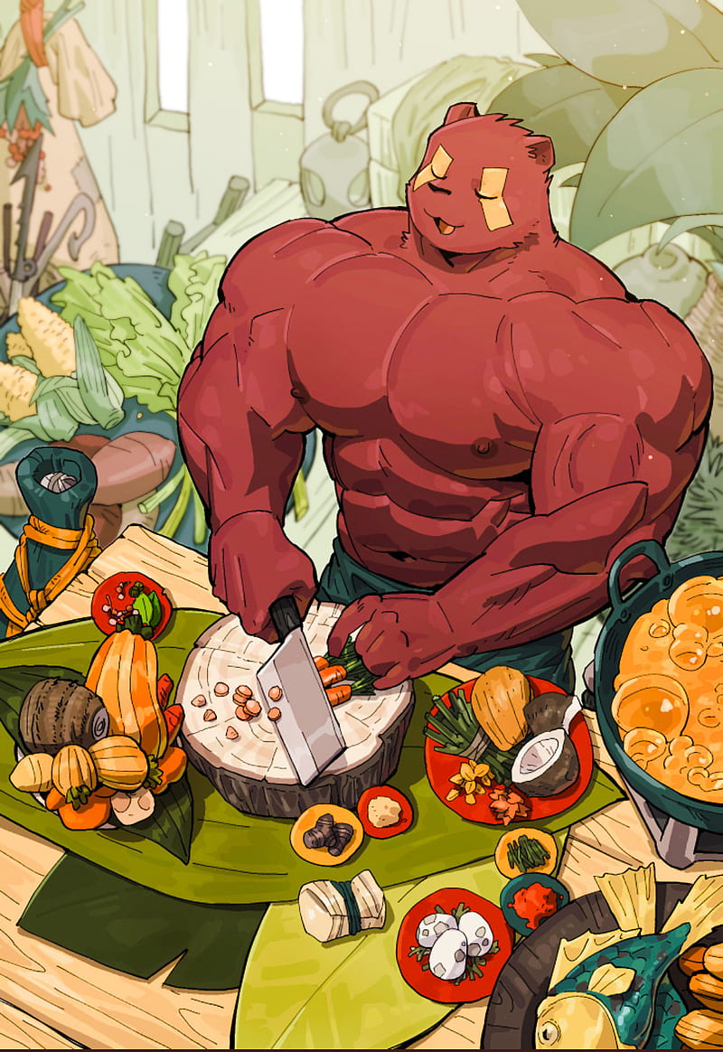 Healthy Cook, cooking, forest, furry, healthy food, muscle, pro cook, shirtless, syukapong art, HD phone wallpaper