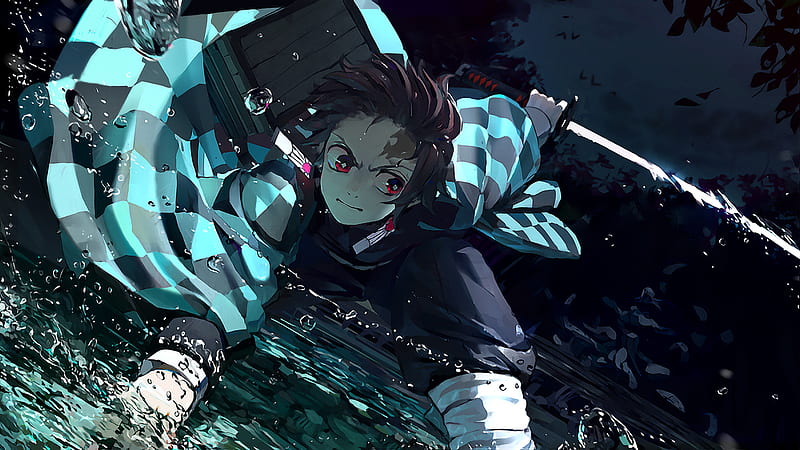 Demon Slayer Tanjiro Kamado Wearing Blue And Black Checked Dress With Sword With Black Background Anime, HD wallpaper