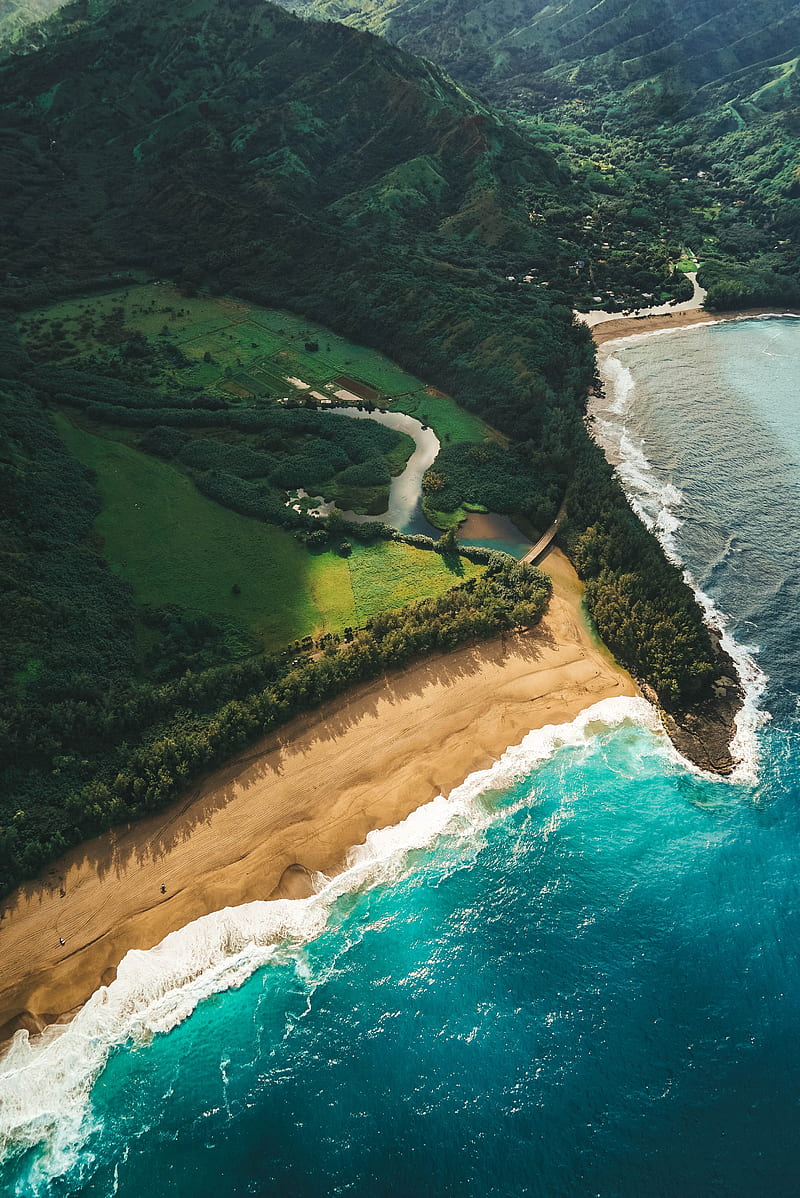 ocean, beach, aerial view, kauai, hawaii, HD phone wallpaper