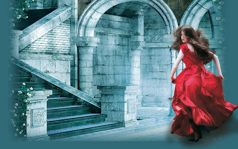 Being Chased, red, red dress, bonito, woman, glamorous, elegant, graphy, fantasy, figure, scenery, blue, art, female, lovely, classy, girl, flowing, serene, running, castle, red gown, HD wallpaper