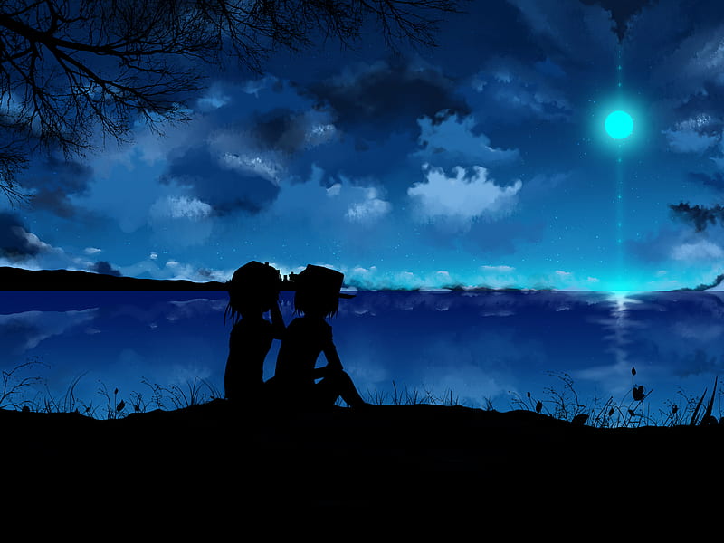 Blue Night, moon, water, anime, anime couple, anime city, HD wallpaper |  Peakpx