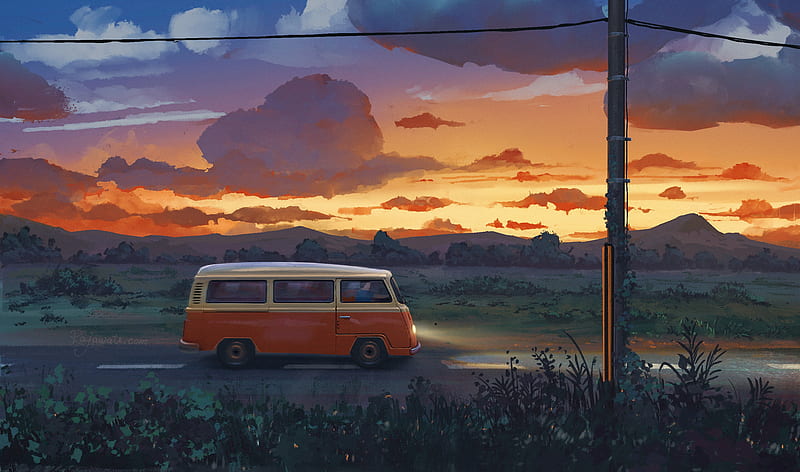 Anime, Original, Bus, Sunset, HD wallpaper
