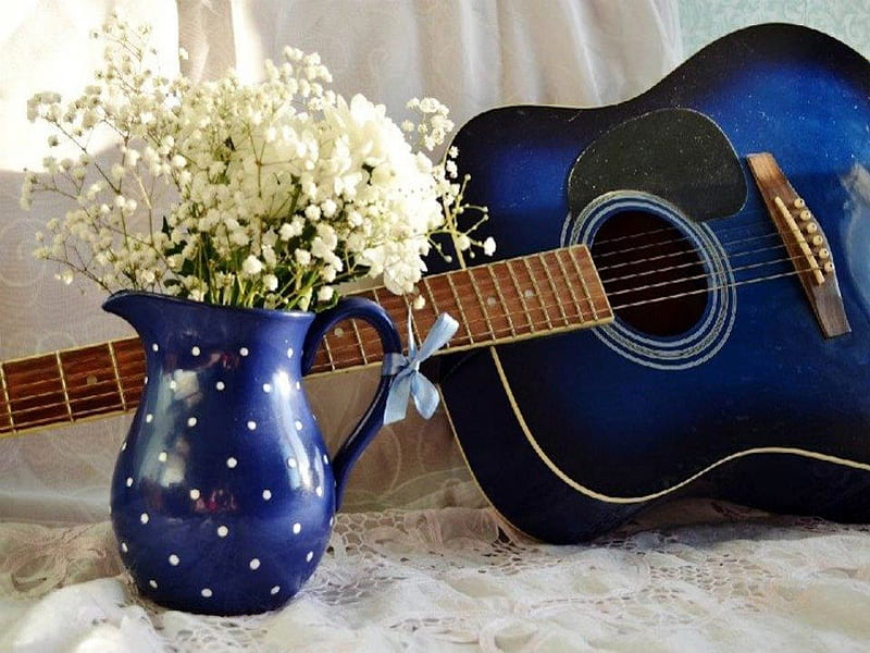 Moody Blues, babys breath, guitar, music, pitcher, dried flowers, white, acoustic, blue, HD wallpaper