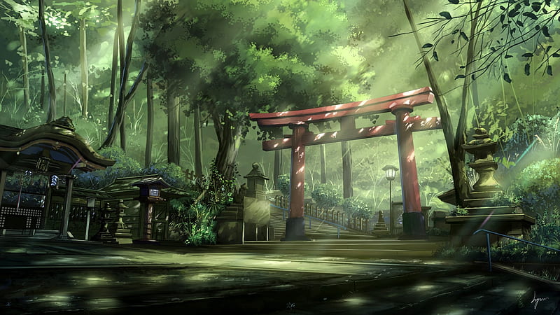anime landscape, torii, shrine, scenic, trees, statue, Anime, HD wallpaper
