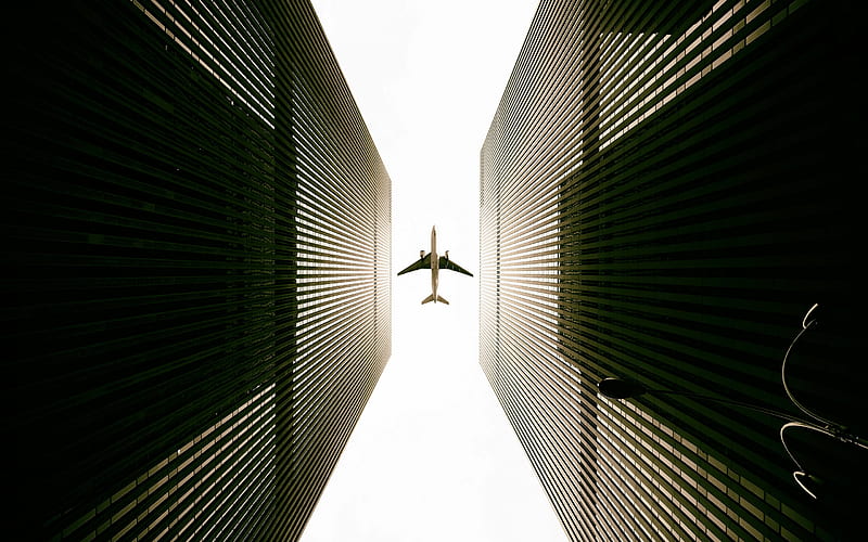 plane flies over skyscrapers, tall buildings bottom view, plane, skyscrapers, modern buildings, skyscrapers bottom view, HD wallpaper