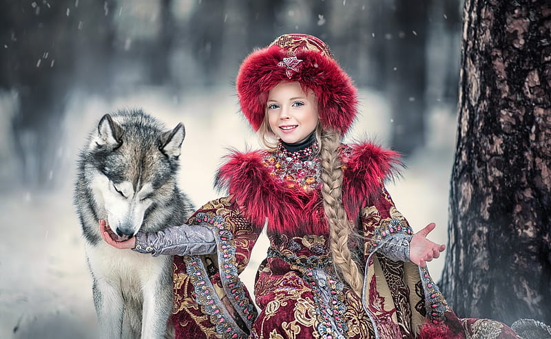 :-), red, copil, lup, child, wolf, iarna, winter, dog, fur, HD wallpaper