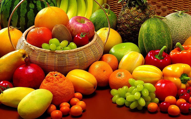 Fruits, Food, Grapes, Fruit, Watermelon, Kumquat, Pomegranate, Banana, Pineapple, Melon, HD wallpaper