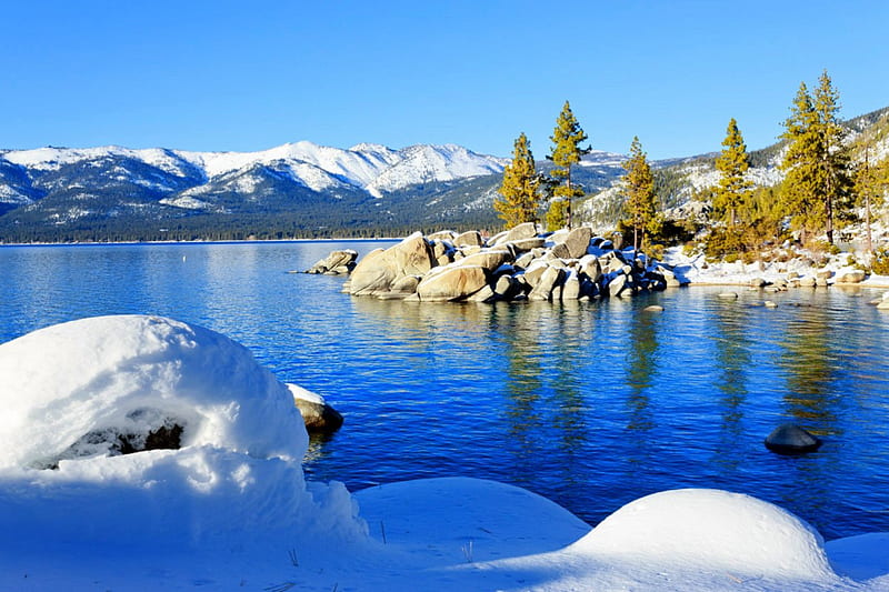 Lake Tahoe, shore, trees, sky, lake, winter, mountain, Tahoe, ice, landscape, blue, HD wallpaper