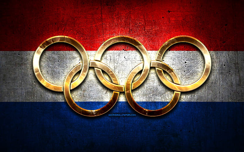 Dutch olympic team, golden olympic rings, Netherlands at the Olympics, creative, Dutch flag, metal background, Netherlands Olympic Team, flag of Netherlands, HD wallpaper