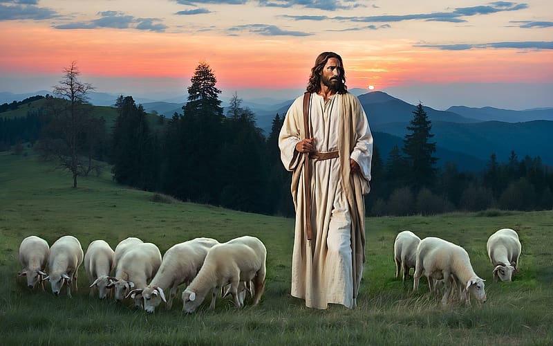 The Good Shepherd, sunset, pasture, sheep, Jesus, AI art, HD wallpaper