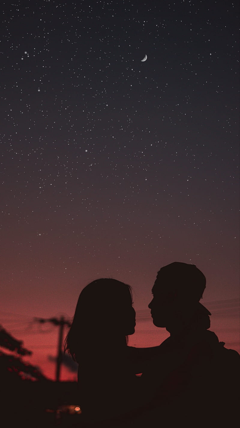 Silhouettes Hugs , couple, night, starry, sky, love, HD phone wallpaper