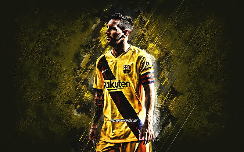 Lionel Messi, FC Barcelona, argentine football player, portrait, yellow stone background, football, yellow FC Barcelona uniform, Leo Messi, HD wallpaper