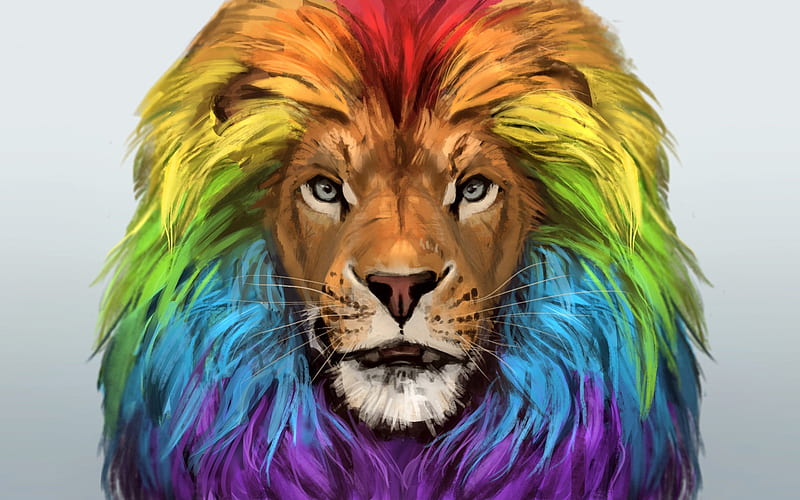 lion, art, muzzle, rainbow, colorful portrait, colorful lion, HD wallpaper