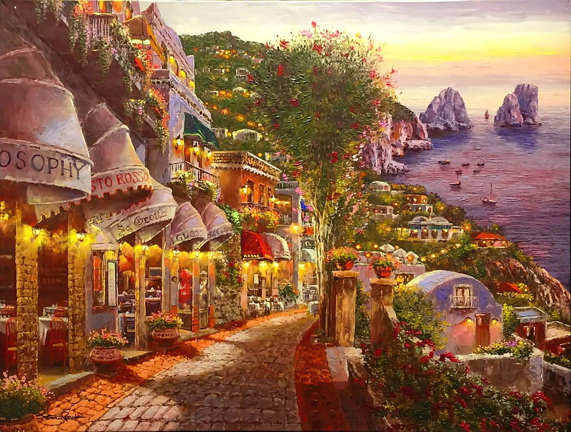 Evening in Capri, art, view, romantic, Capri, town, bonito, que, sea, painting, evening, HD wallpaper