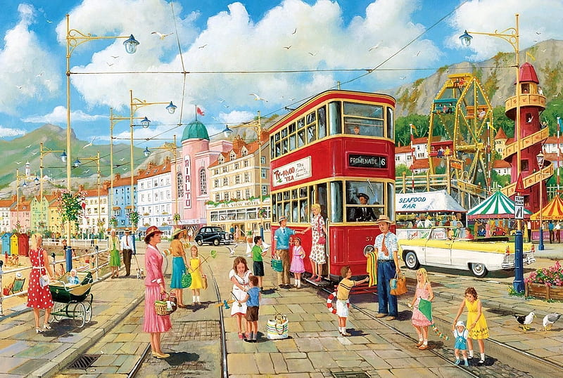 Taking The Tram, tram, promenade, ferris wheel, painting, helter skelter, funfair, vintage, HD wallpaper