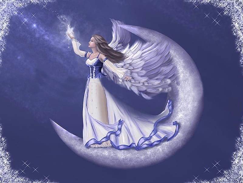 Magic Fairy unknown, angel, bonito, magic, woman, fantasy, moon, tale, myth, heaven, fairy, blue, HD wallpaper