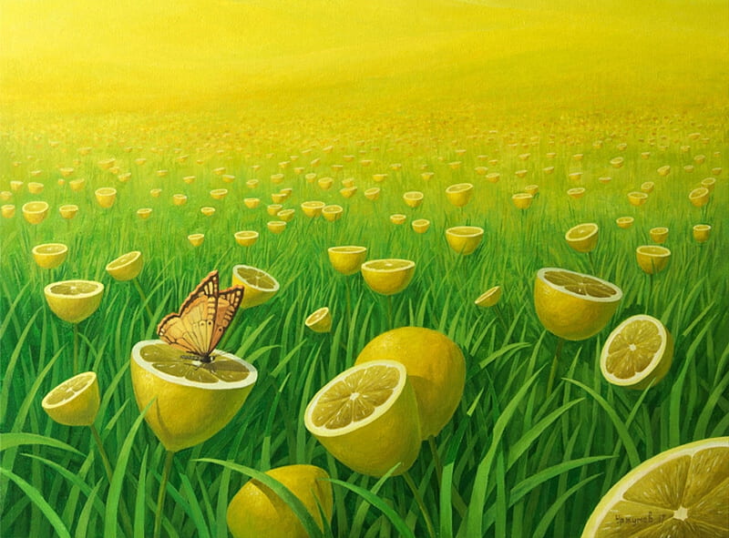 Lemon Field, yellow, vitaliy urzhumov, lemon, field, art, grass, fruit, vara, fantasy, green, summer, HD wallpaper