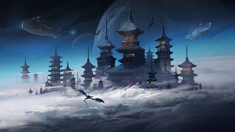 Fantasy, City, Building, Dragon, Sci Fi, Spaceship, Cloud, Japanese, Castle, HD wallpaper