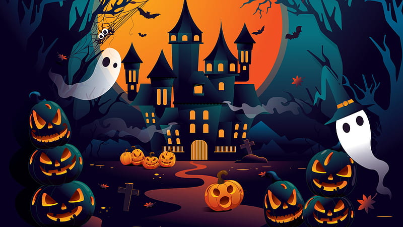 Horror House Ghost Pumpkins Bats Cute Halloween, HD wallpaper