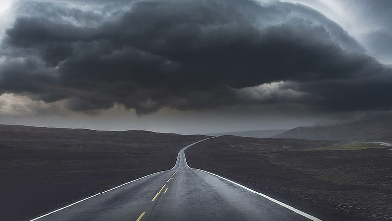 Stormy Drive, dark, thunder, sky, storm, field, stormy, Firefox theme, clouds, white line, highway, HD wallpaper