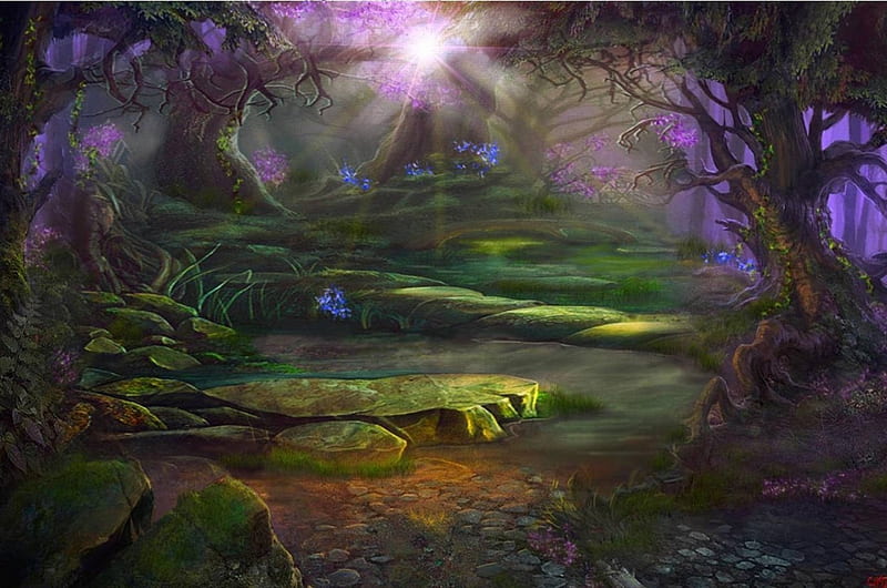 Bosque de fantasia, fantasia, color, forest, vista, HD wallpaper