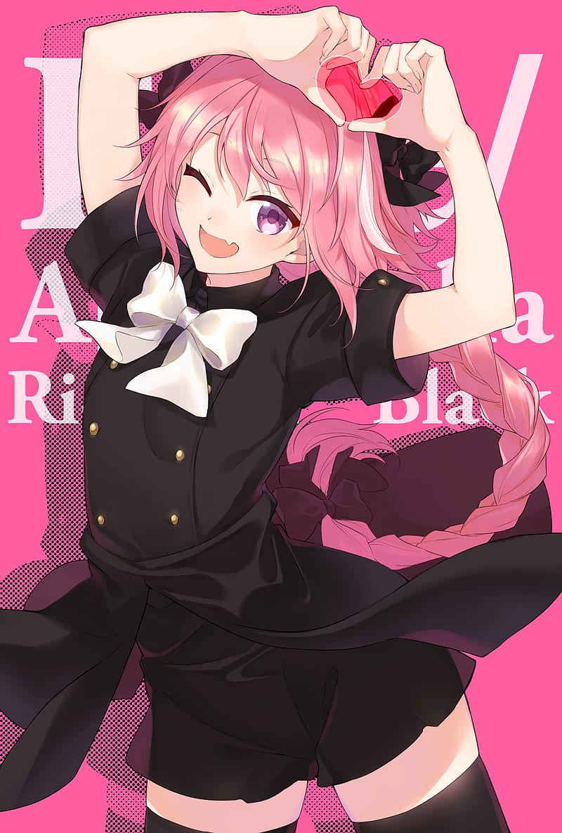 Fate/Apocrypha , FGO, Fate Series, femboy, anime boys, short sleeves, black stockings, 2D, zettai ryouiki, bangs, hair bows, heart hands, looking at viewer, one eye closed, anime, Fate/Grand Order, black dress, black shorts, purple eyes, open mouth, blushing, braided hair, Astolfo (Fate/Apocrypha), pink background, long hair, pink hair, white hair, multi-colored hair, vertical, fangs, french braid, curvy, alternate costume, fan art, thighs, the gap, buttons, hair in face, HD phone wallpaper