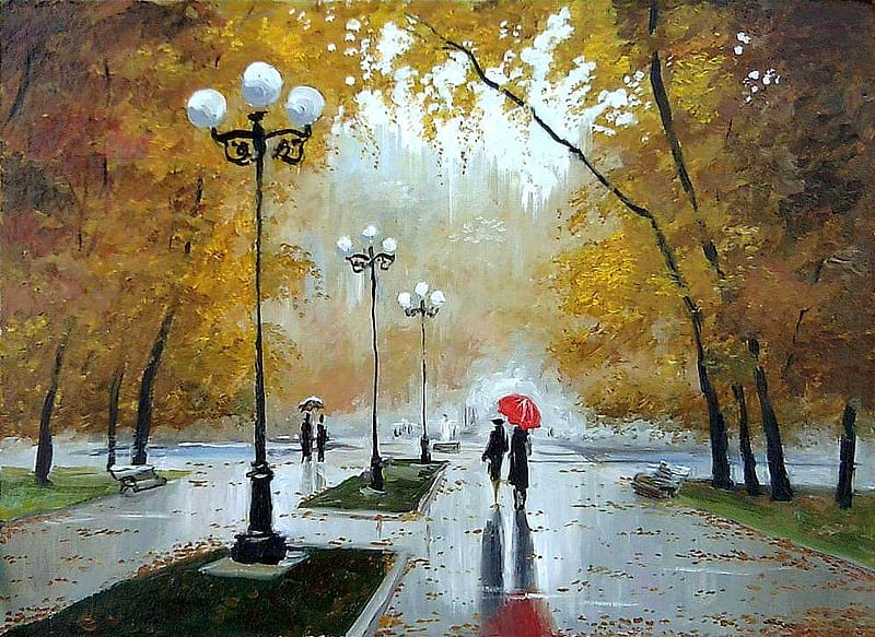 A Bolotov. cloudy Donetsk, art, lamp, a bolotov, painting, umbrella, rain, HD wallpaper