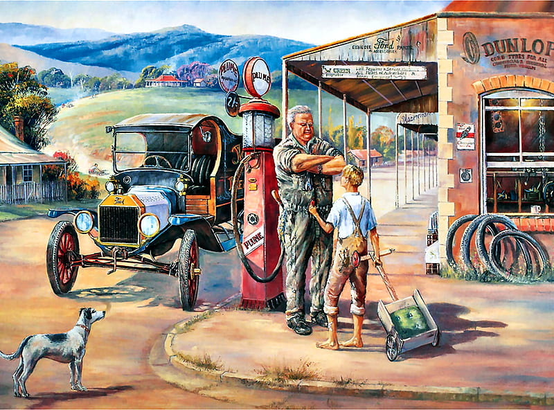 Running Repairs F1C, architecture, little boy, art, cityscape, bonito, artwork, canine, car, painting, auto, wide screen, scenery, service station, dog, HD wallpaper