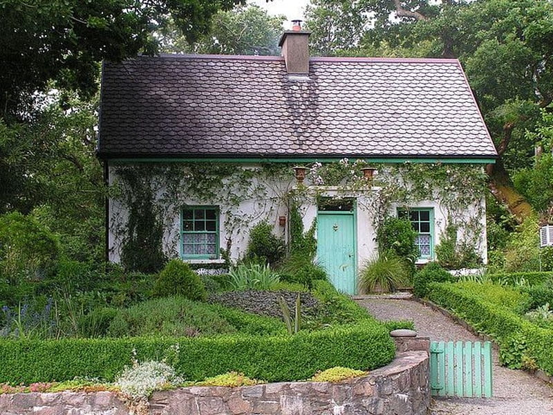 An Irish Cottage, gate, roof, cottage, door, HD wallpaper