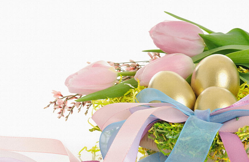 Easter Decoration, holidays, ribbon, Easter, basket, eggs, flowers, tulips, pink, blue, HD wallpaper