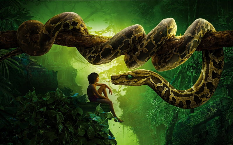 The Jungle Book (2016), movie, kaa, The Jungle Book, boa, serpent, mowgli,  boy, HD wallpaper | Peakpx
