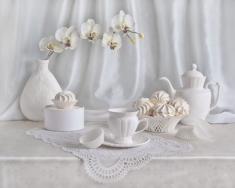 White Breakfast, buns, ceramic, cups, flower, table, tea, teapot, HD wallpaper