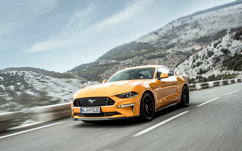 Ford Mustang GT, road, 2018 cars, yellow Mustang, supercars, Ford, HD wallpaper