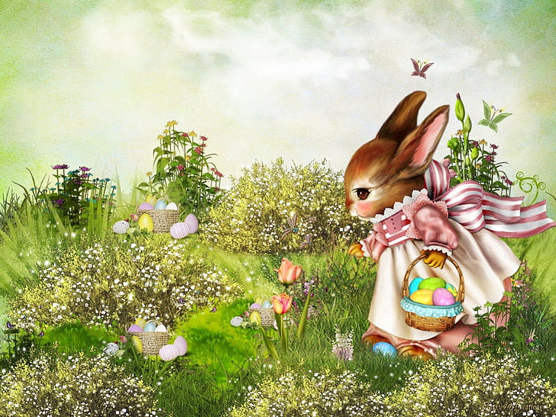 Bunny Egg Hunt, baskets, pretty, holidays, brown, grass, easter, clouds, green, painting, flowers, pink, blue, rabbit, easter eggs, butterflies, spring, sky, cute, plants, bunny, HD wallpaper
