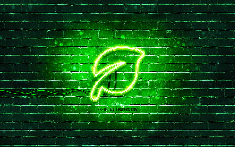 Leaf neon icon green background, neon symbols, Leaf, neon icons, Leaf sign, ecology signs, Leaf icon, ecology icons, HD wallpaper