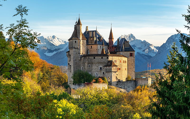 Menthon castle, autumn, forest, landmark, medieval castle, Menthon-Saint-Bernard, Switzerland, HD wallpaper