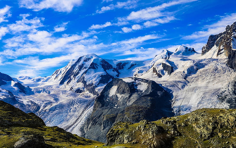 Alps, mountain landscape, glacier, summer, green grass, Switzerland, HD wallpaper