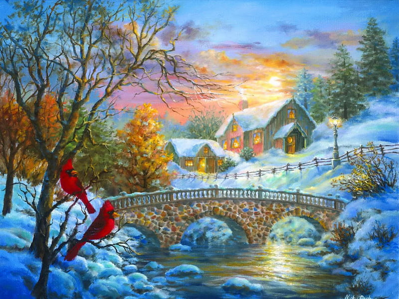 Winter sunset, shore, cottage, bonito, sunset, clouds, snowy, cardinals, nice, bridge, painting, village, river, reflection, frost, art, amazing, quiet, lovely, town, creek, sky, winter, snow, ice, peaceful, nature, walk, frozen, HD wallpaper