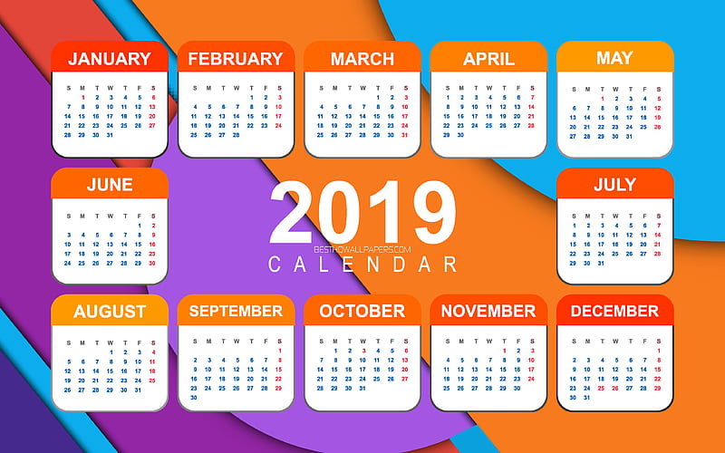 Orange Calendar 2019 material design, 2019 Yearly Calendar, glare, creative, Calendar 2019, abstract background, Year 2019 Calendar, 2019 calendars, 2019 calendar, HD wallpaper