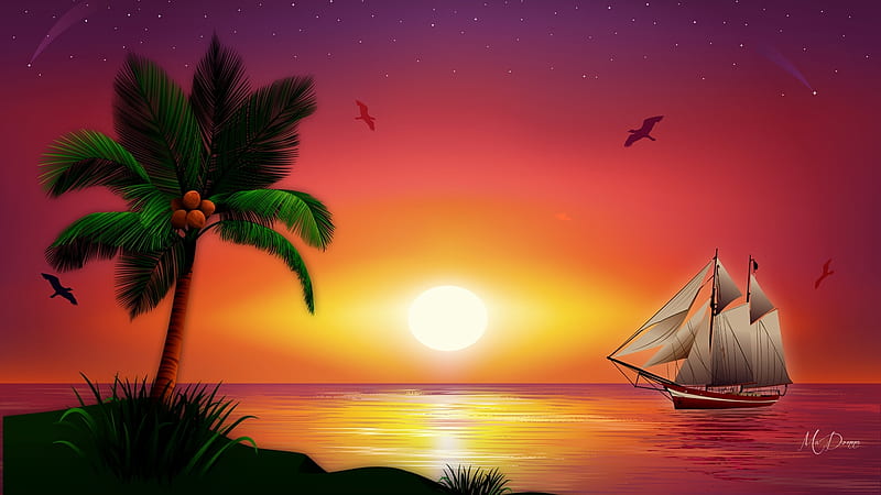 Ship at Sunset, ocean, birds, tall ship, sunset, sea, ship, island, Firefox Persona theme, palm tree, HD wallpaper