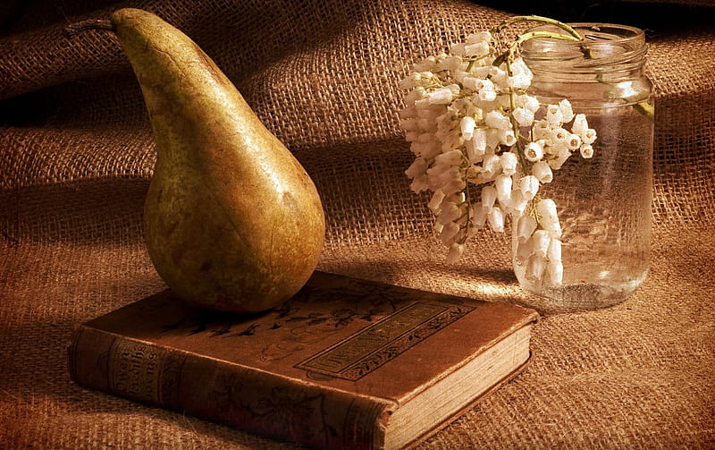 *So simple and beautiful*, burlap, pear, book, vase, small, still life, flowers, canvas, white, HD wallpaper