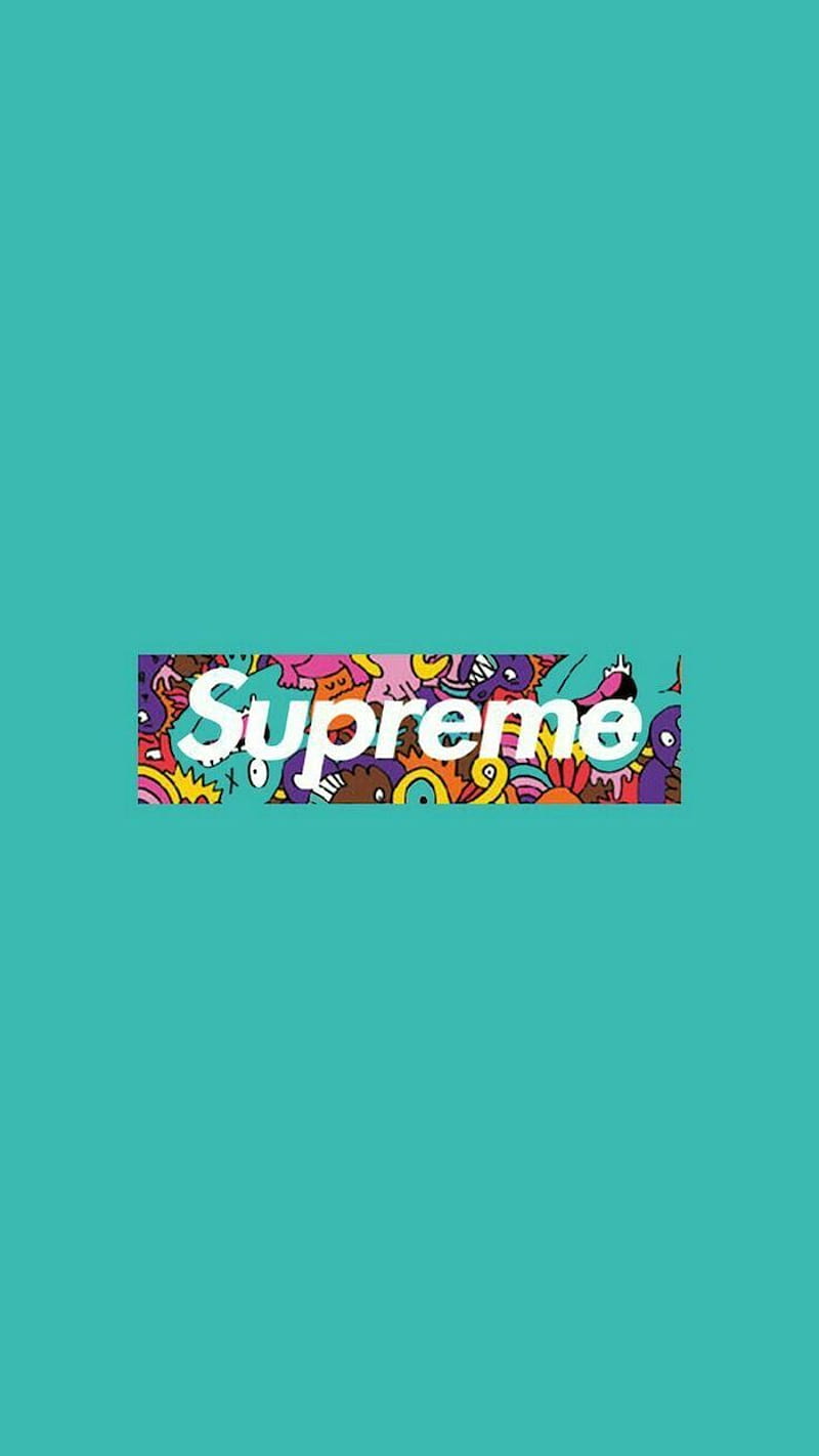 turquoise background cartoon supreme supreme logo in white with cartoon monsters drawi. Supreme iphone , Supreme , Hypebeast, Colorful Supreme, HD phone wallpaper