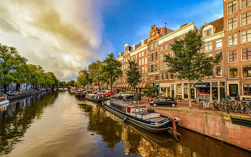 Amsterdam, city canal, dutch cities, evening, Holland, Netherlands, Europe, Amsterdam at evening, HD wallpaper
