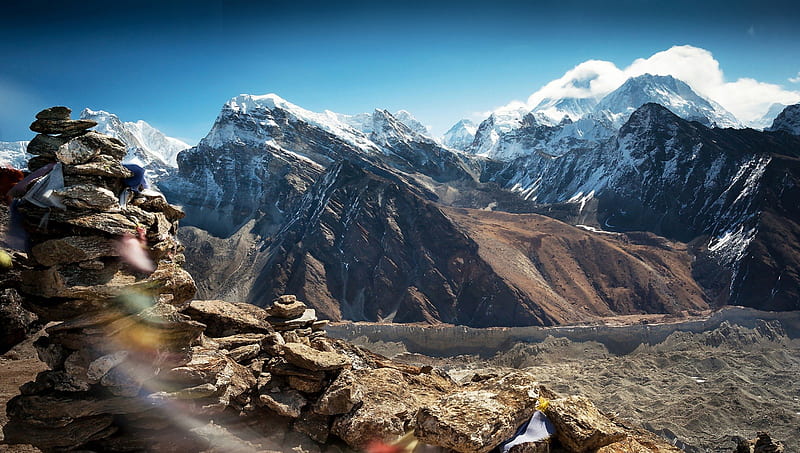 fabulous tibetan mountain range, rocks, flags, wind, mountains, plains, HD wallpaper