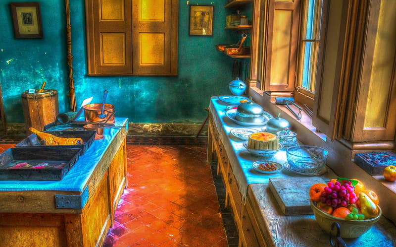 lovely old kitchen in teal r, fruit, windows, r, island, teal, kitchen, HD wallpaper