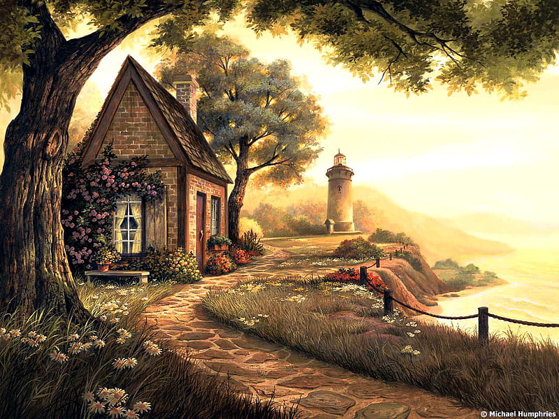 dawns early light, flower, tree, cottage, lighthouse, HD wallpaper