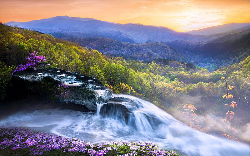 Water Cascades in the Appalachian Mountains in Spring, virginia, forest, usa, sunset, sky, trees, landscape, HD wallpaper
